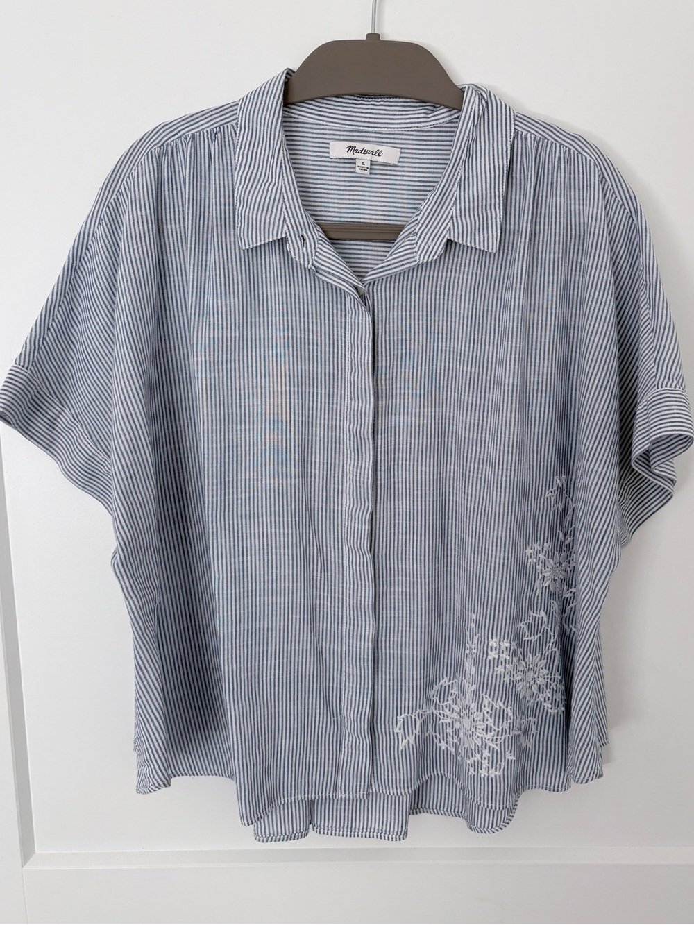 Madewell Embroidered “Hilltop” Striped Button Down Shirt  - Large